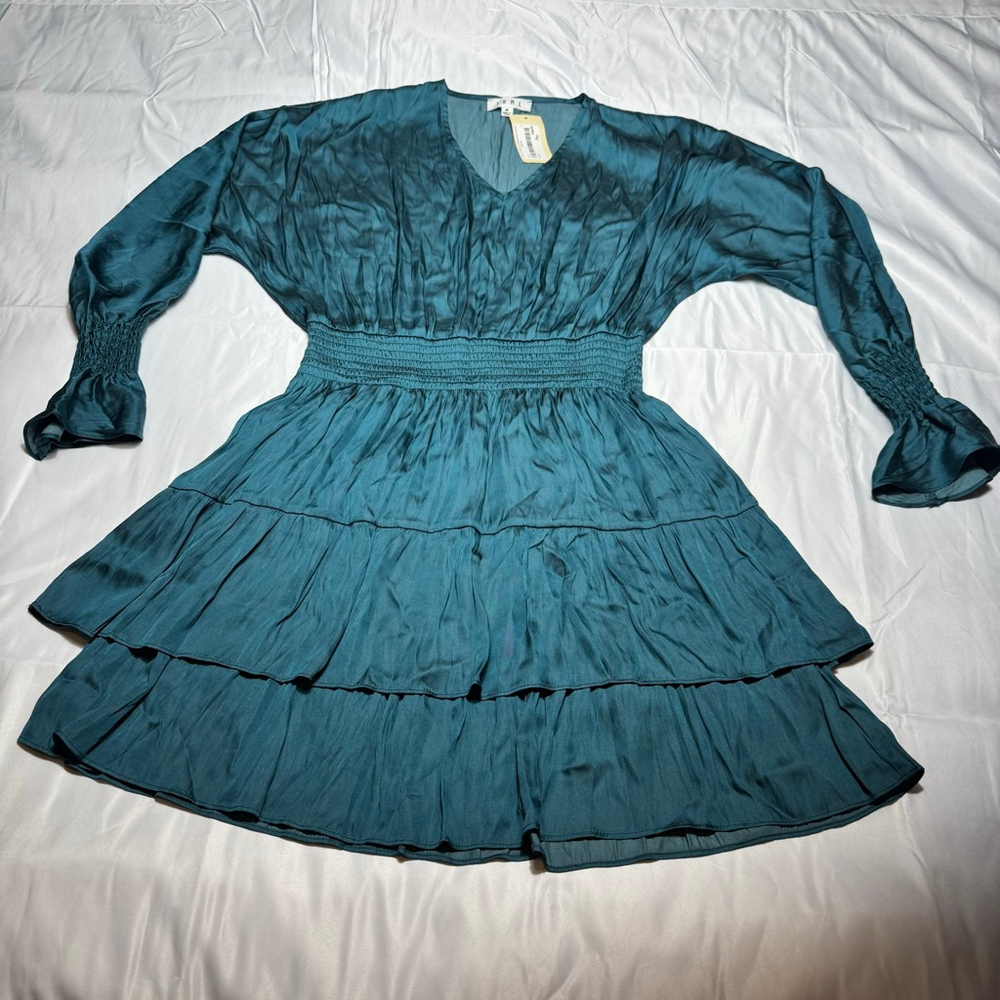 Women's THML Long Sleeve Teal Smocked Waist Tiered Dress M